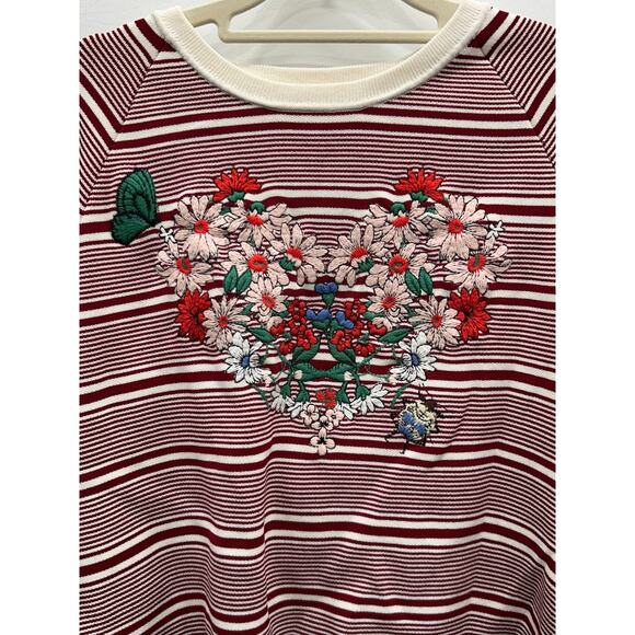 Maje Womens Marco Sweater Floral Embroidered Heart Striped Crewneck Red Size 2 - Picture 2 of 8